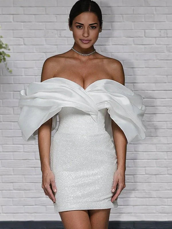 Sheath Glitter Short Off the Shoulder Wedding Dress With Lace Up Back