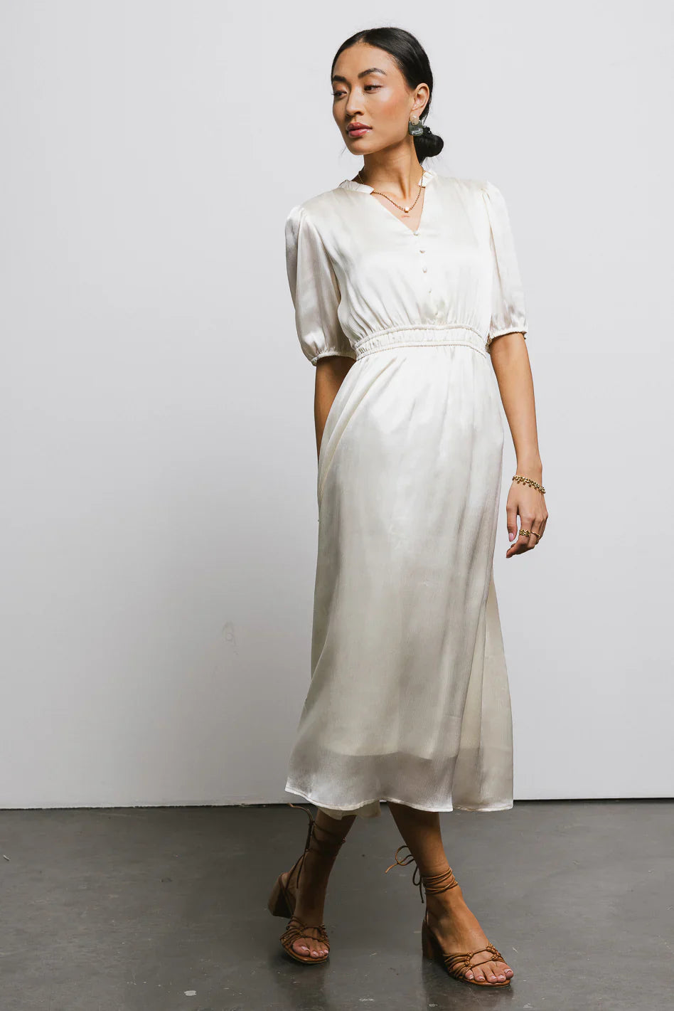 V Neck Satin Midi Dress in Cream