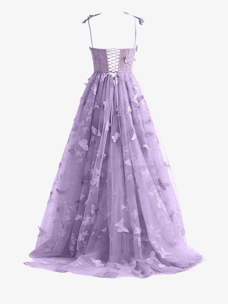 Light Purple A line Butterfly Lace Lilac Corset Prom Dress with Slit