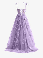 Light Purple A line Butterfly Lace Lilac Corset Prom Dress with Slit