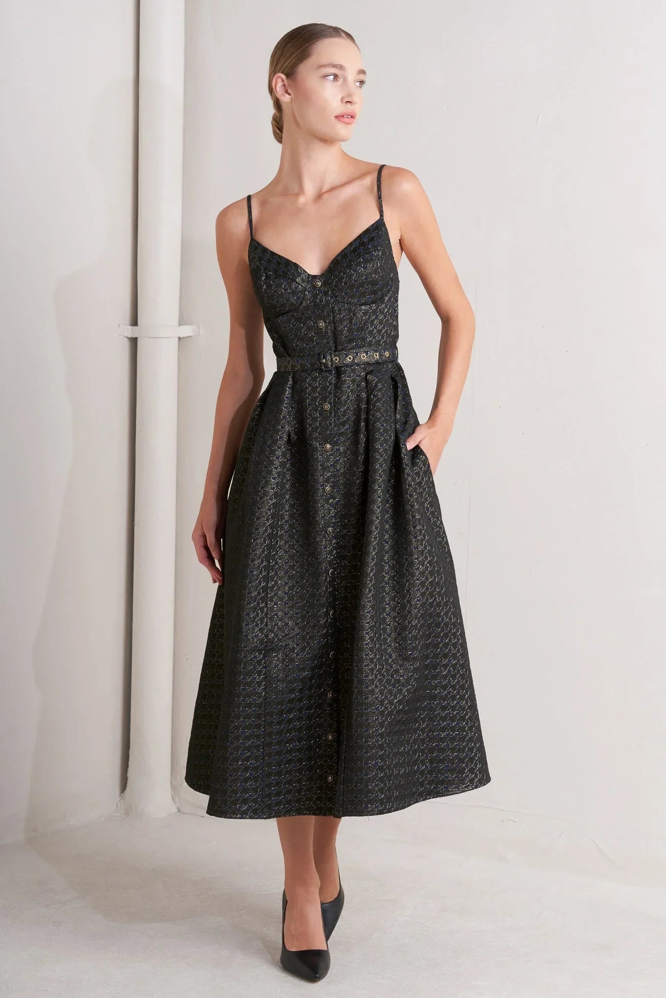 NOIR TAPESTRY NAVY GOLD MIDI DRESS