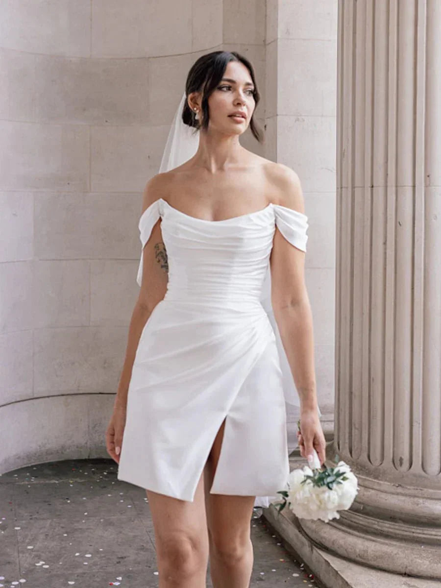 Off the Shoulder Short Satin Cowl Neck Simple Formal Wedding Dress With Slit