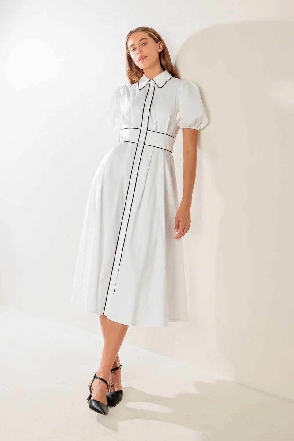 VINTAGE VIBES PUFF SLEEVE MIDI DRESS WHITE