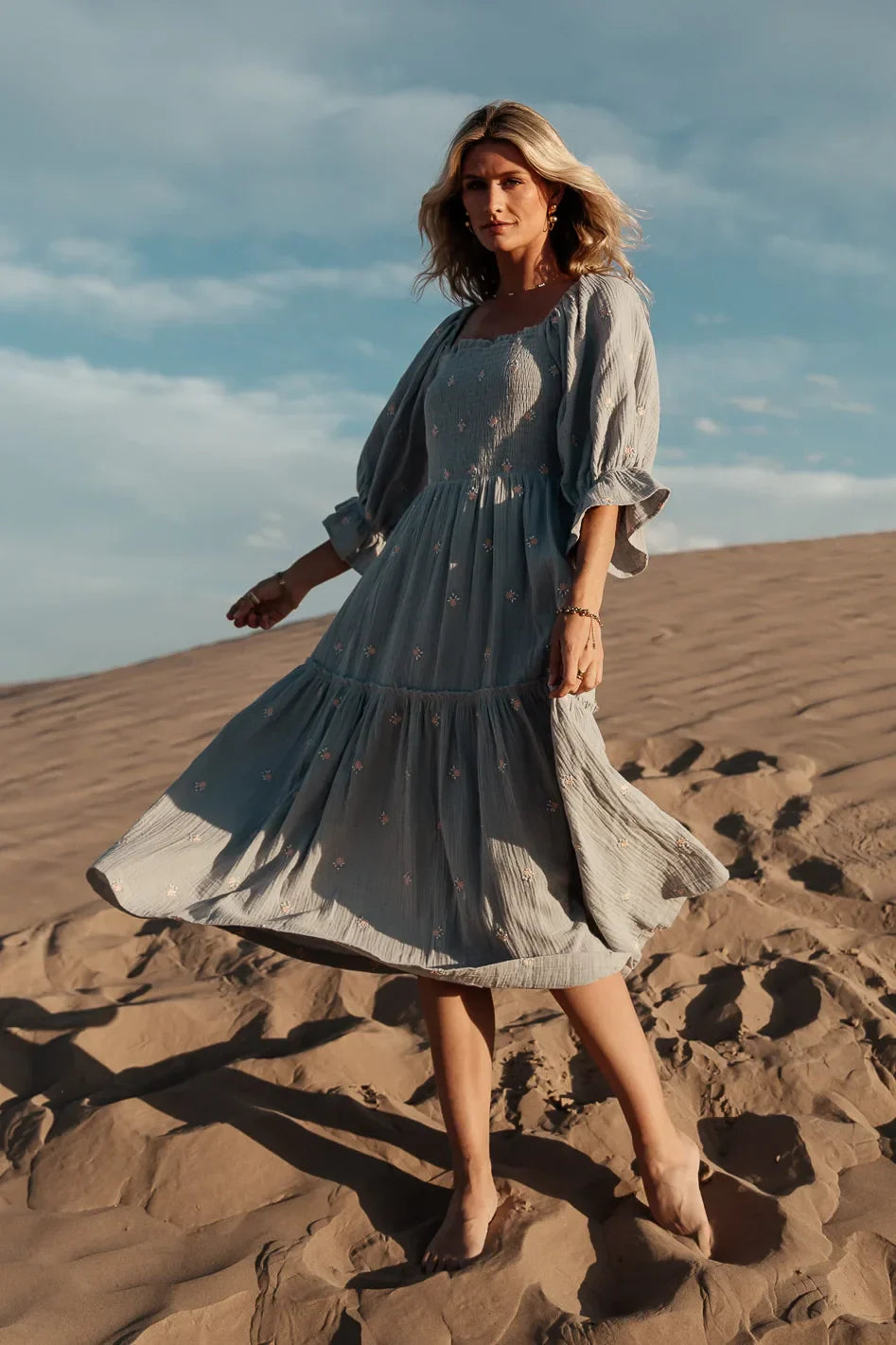 Ditsy Floral Embroidered Dress in Blue FINAL SALE