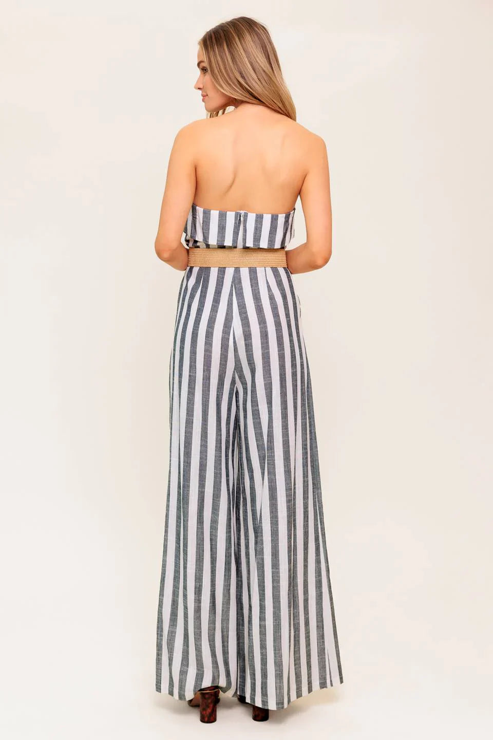 GREER STRAPLESS JUMPSUIT WHITE CHARCOAL STRIPE