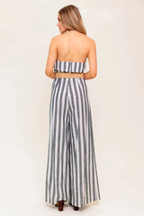 GREER STRAPLESS JUMPSUIT WHITE CHARCOAL STRIPE