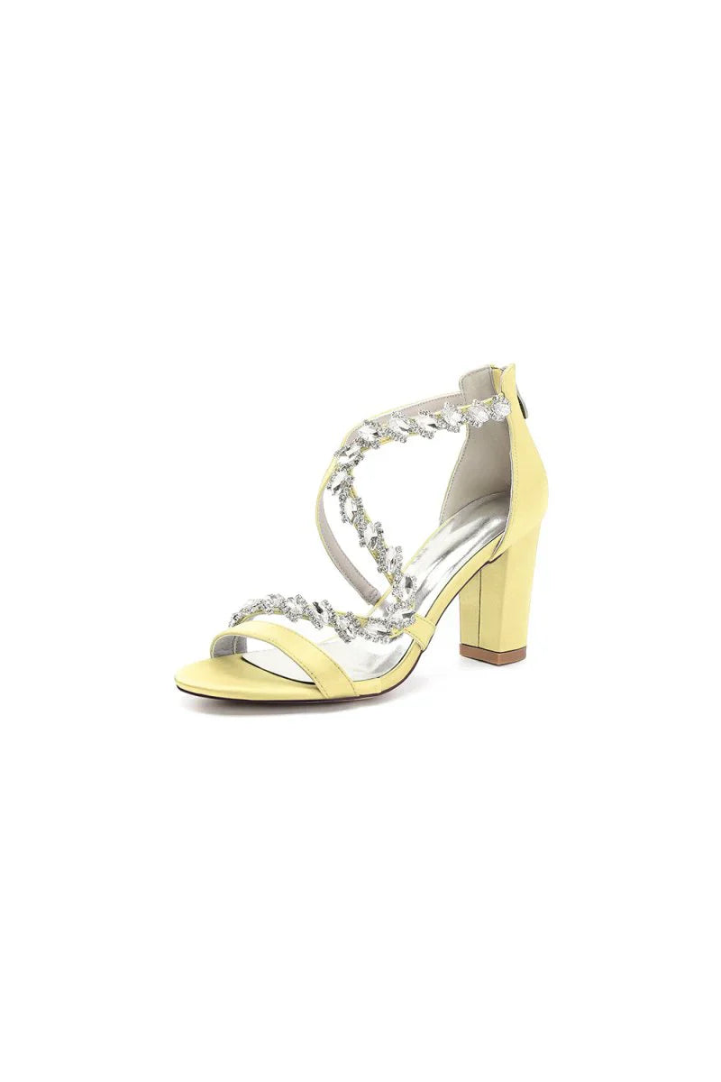 Open Toe Satin Block Heels With Crystal Straps