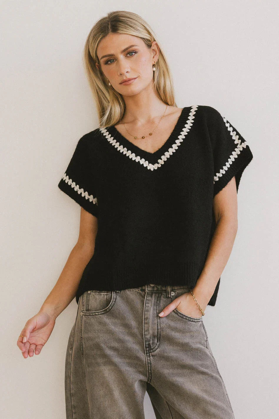 Hazel Embroidered Sweater Top in Black FINAL SALE