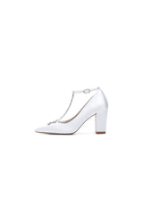 White Leather Pump with Silver Chain and Crystal Accent