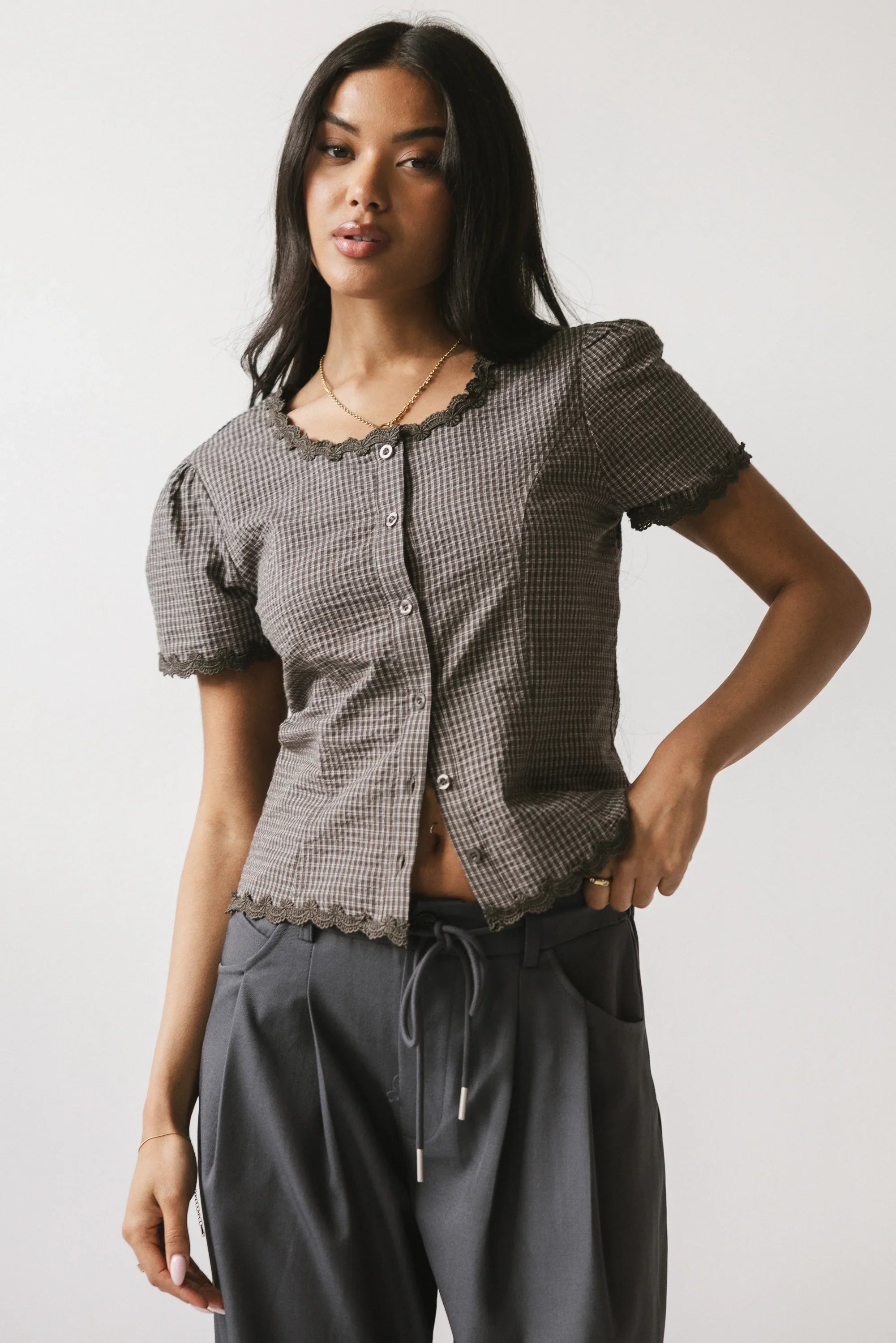 Serra Lace Trim Blouse in Charcoal FINAL SALE