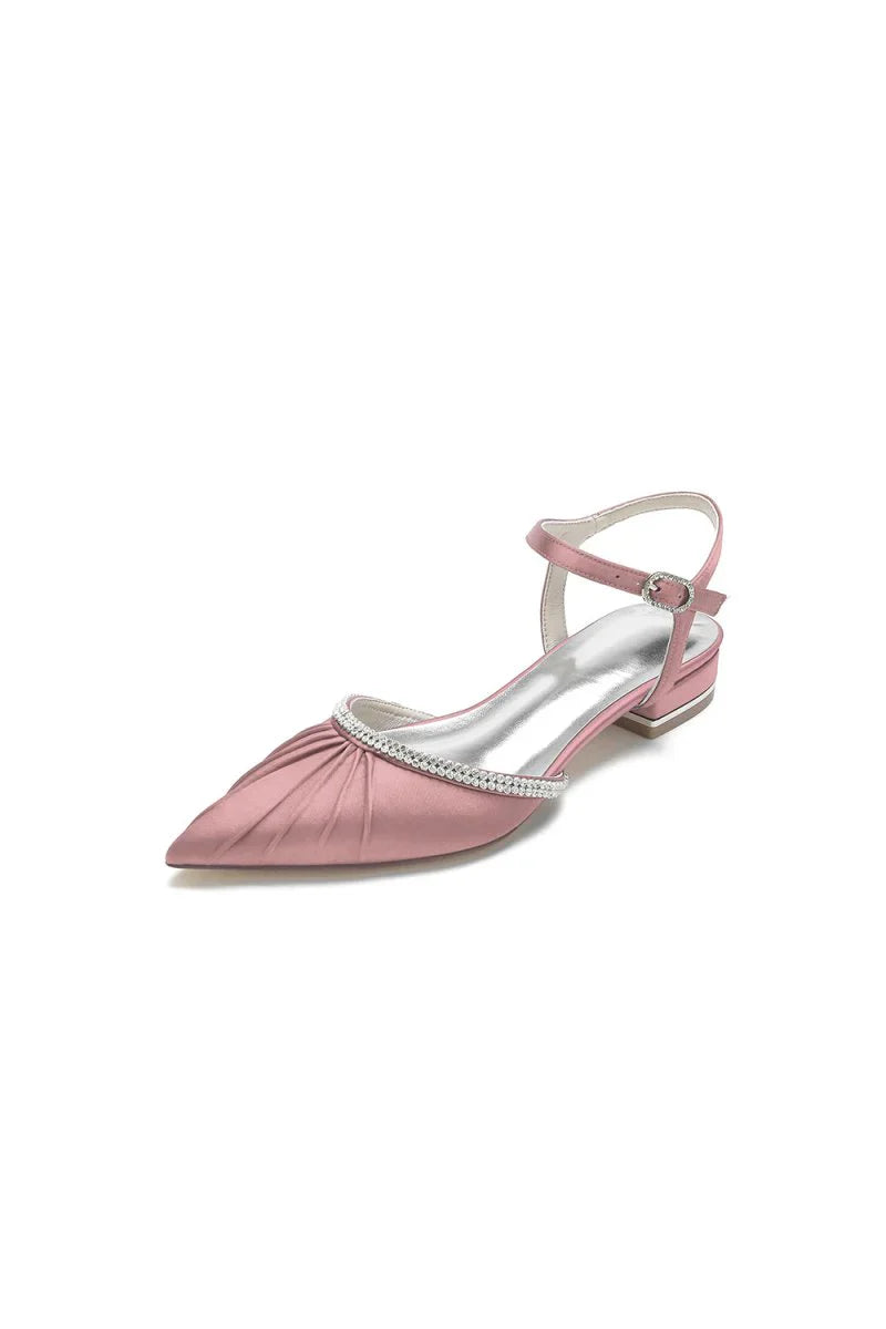 Satin Pointed Toe Beaded Buckle Kitten Heels
