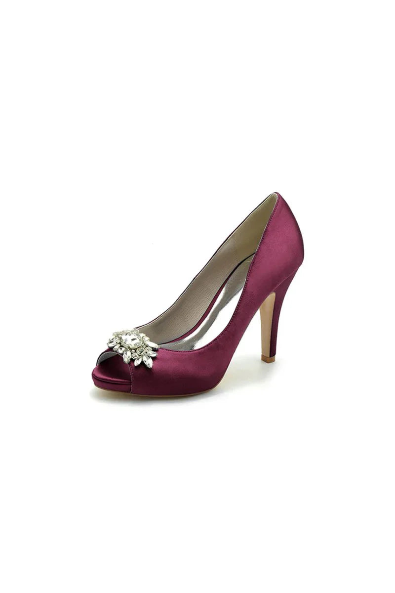 Champagne Satin High Heels with Crystal Flower Ornament