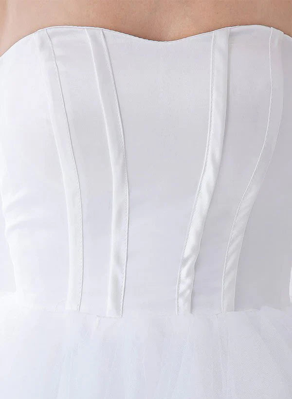 White Classic Strapless Satin High Low Wedding Dress