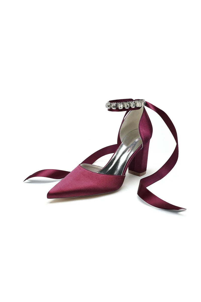 Rhinestone Ribbon Pointed Toe Ankle Strap Chunky Heel