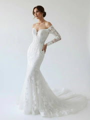 Elegant Mermaid Long Sleeve Off the Shoulder Lace Wedding Dress