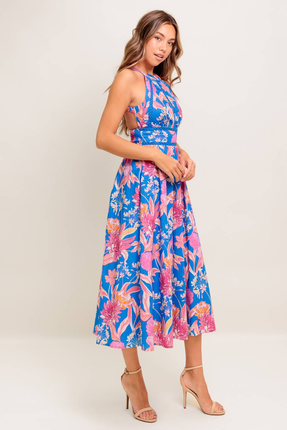 SOLANA MIDI DRESS BLUE PINK FLORAL HALTER DRESS