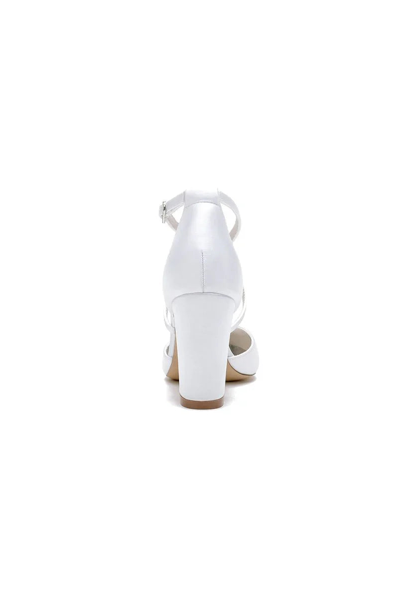White Satin Pump with Cross Strap and Metal Accent
