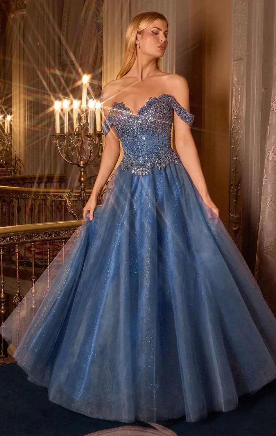 NOELLE GOWN A LINE GLITTER TULLE DRESS