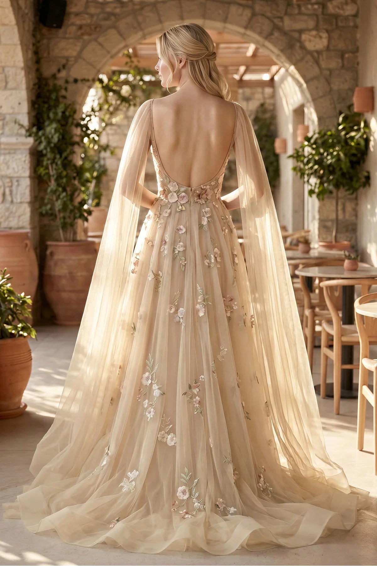 A line 3D Flower Colorful V Neck Tulle Forest Wedding Dresses