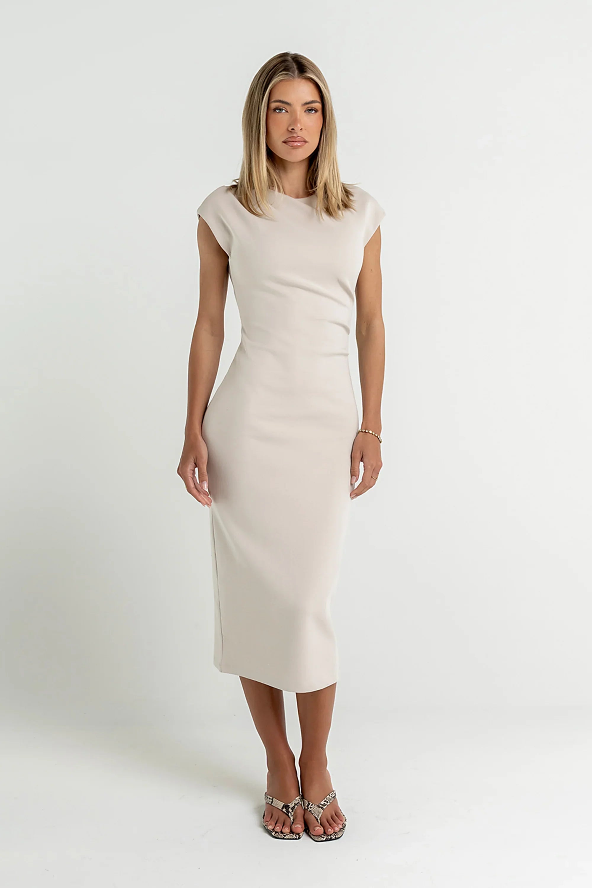 Ivy Fitted Midi Dress in Bone