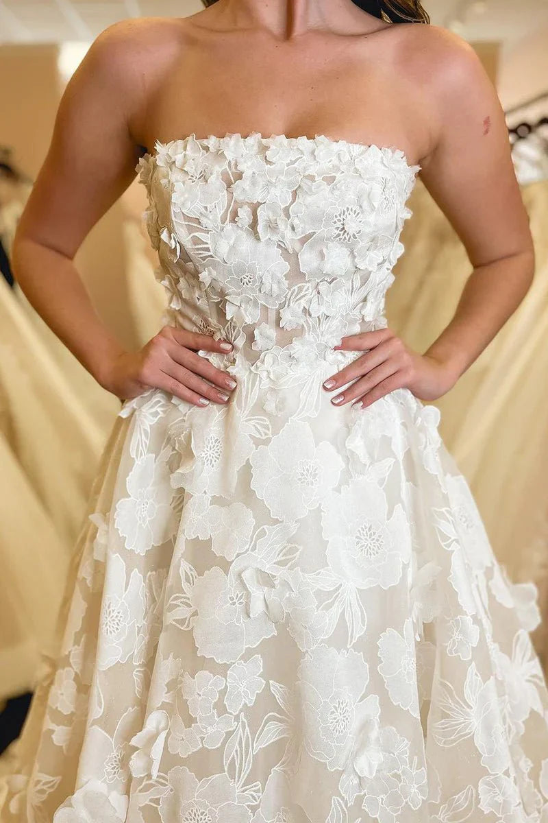 A Line Strapless Floral Lace Wedding Dresses