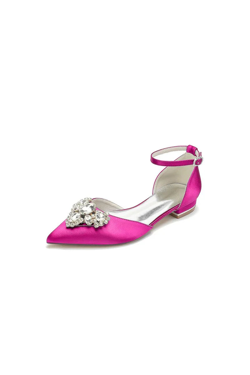 Satin Pointed Toe Ankle Strap Rhinestone Kitten Heels