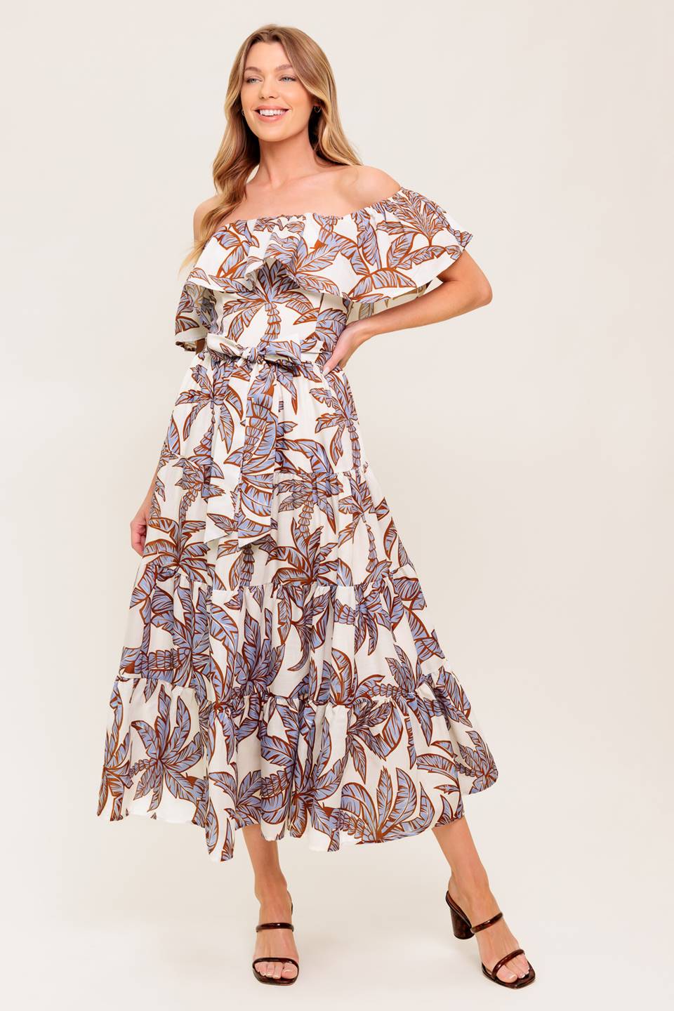 PALM TREE GARDEN OFF THE SHOULDER MIDI DRESS