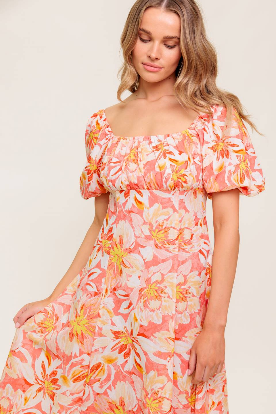 ISLAND FLOWERS PUFF SLEEVE MIDI DRESS CORAL FINAL SALE