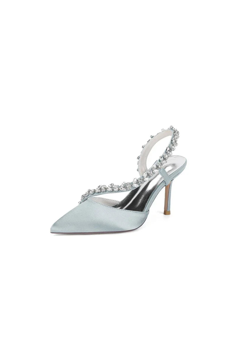 White Satin High Heels with Crystal Embellishments