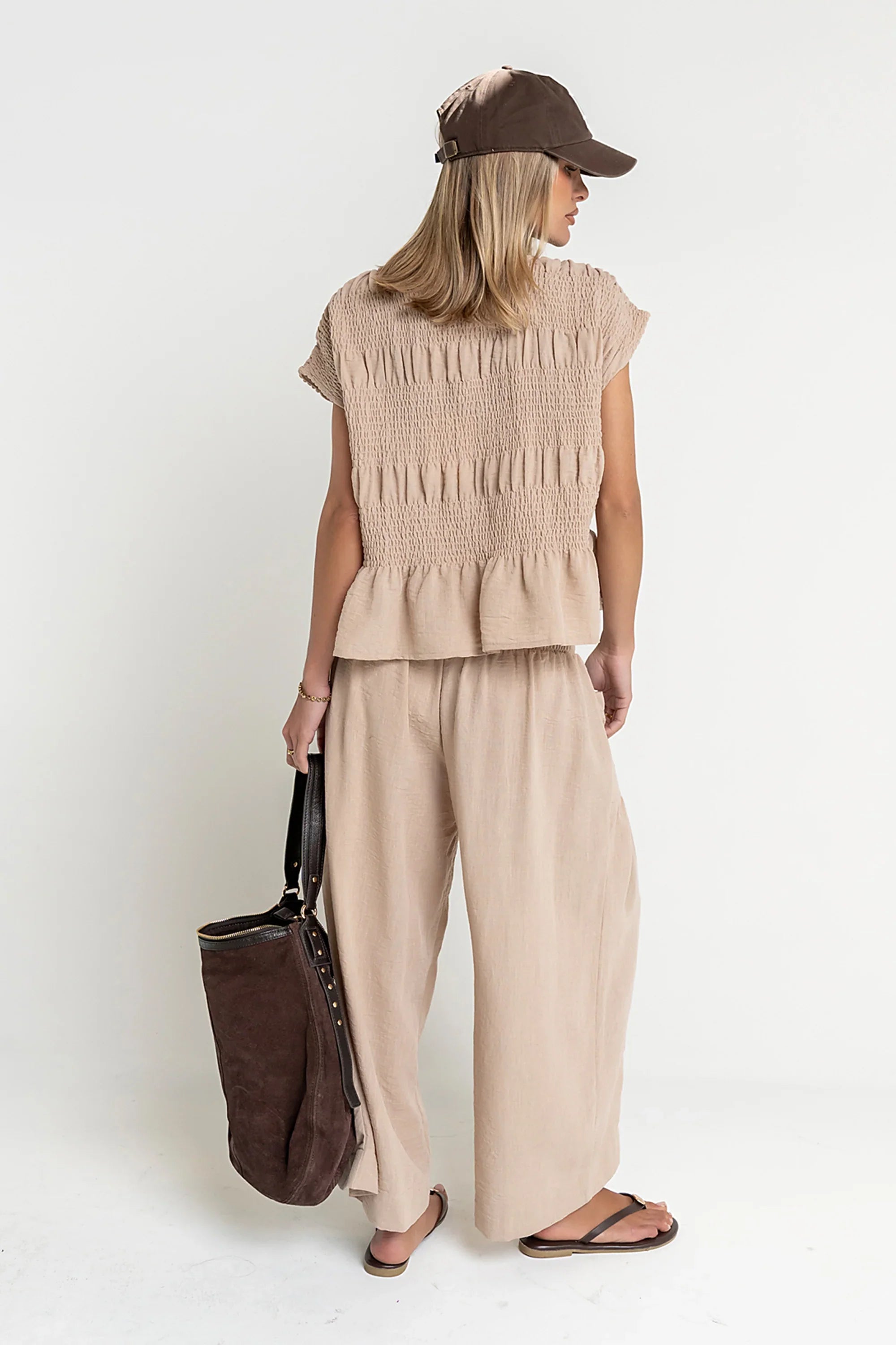 Ashton Smocked Top in Taupe
