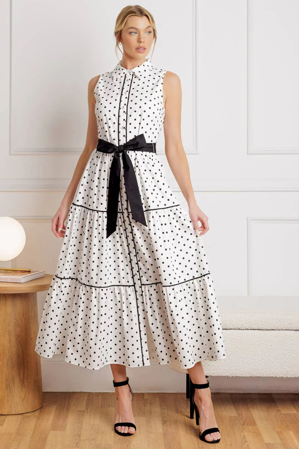 RETRO DOTS WHITE BLACK POLKA DOT MIDI DRESS