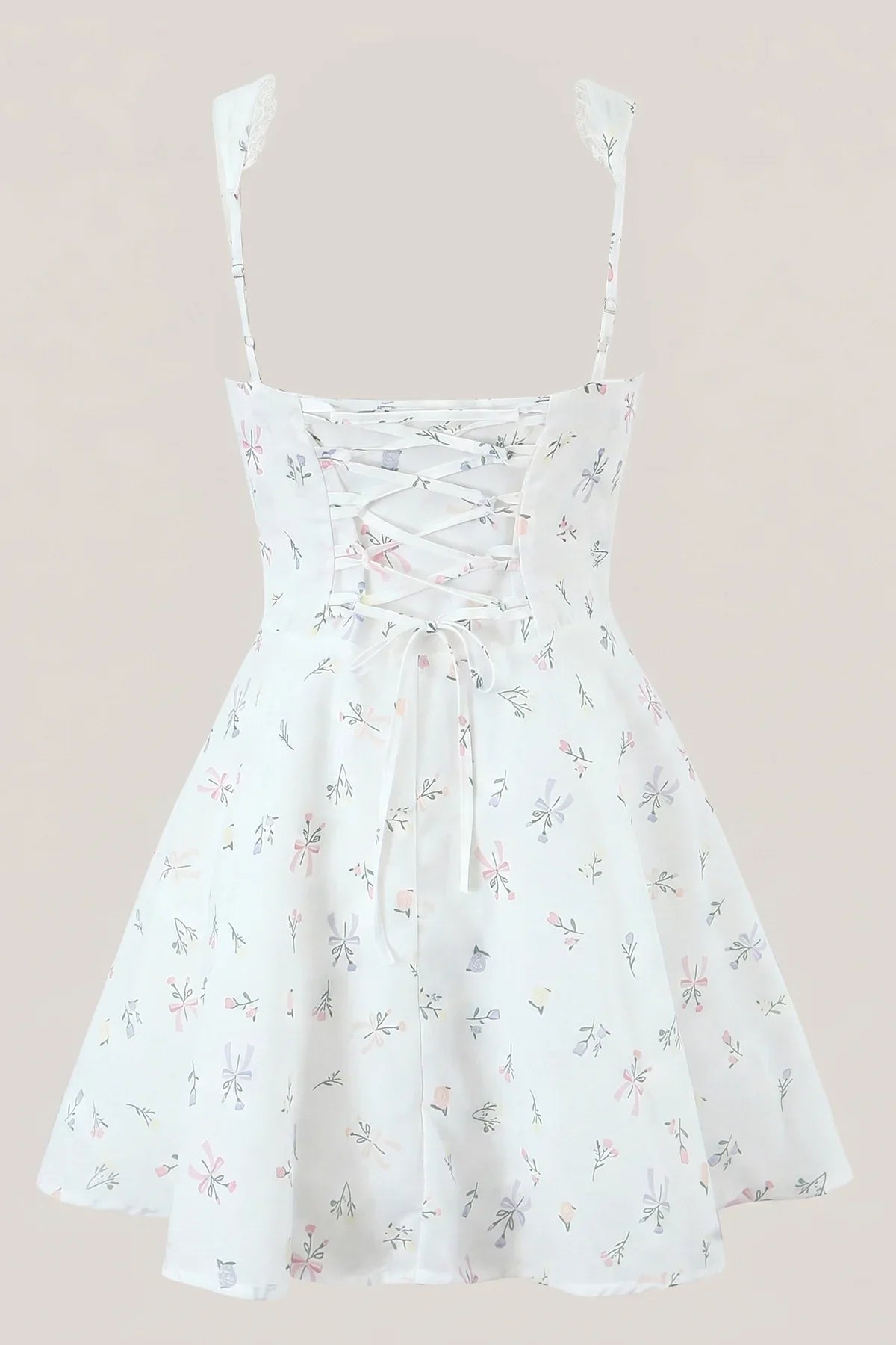 White Warm Rose Print Cotton Ruffled Mini Dress