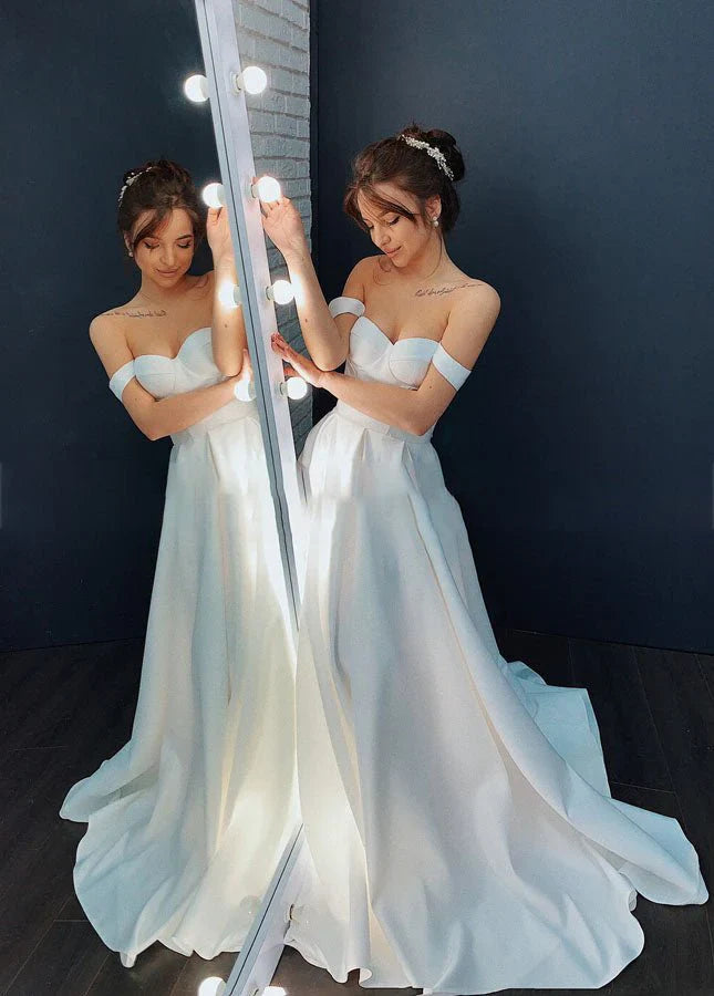 A line Off the Shoulder Sleeveless Satin Simple Bride Wedding Dress