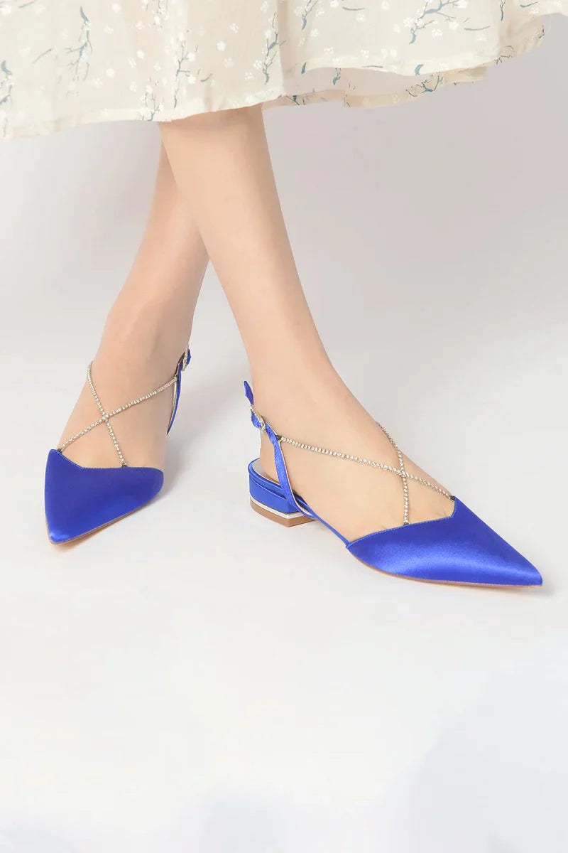 Satin Pointed Toe Beading Buckle Kitten Heels