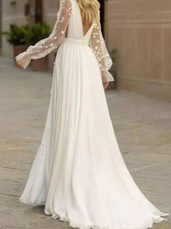Long Sleeve Boho Flowy Wedding Dress Lace A Line V Neck Beach Gown with Split Front and Sweep Train