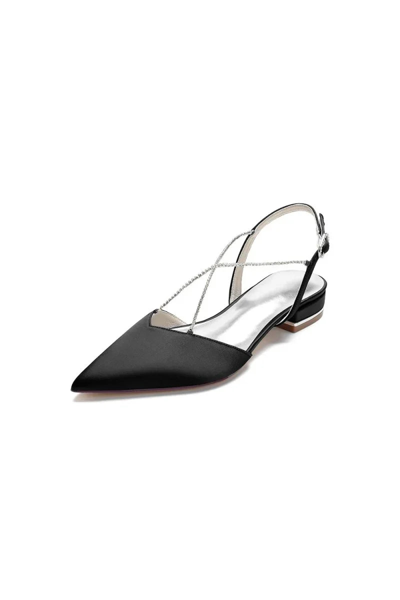 Satin Pointed Toe Beading Buckle Kitten Heels
