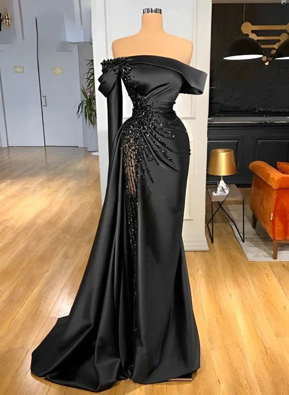 Sheath Off The Shoulder Long Sleeves Satin Sequined Prom Dresses