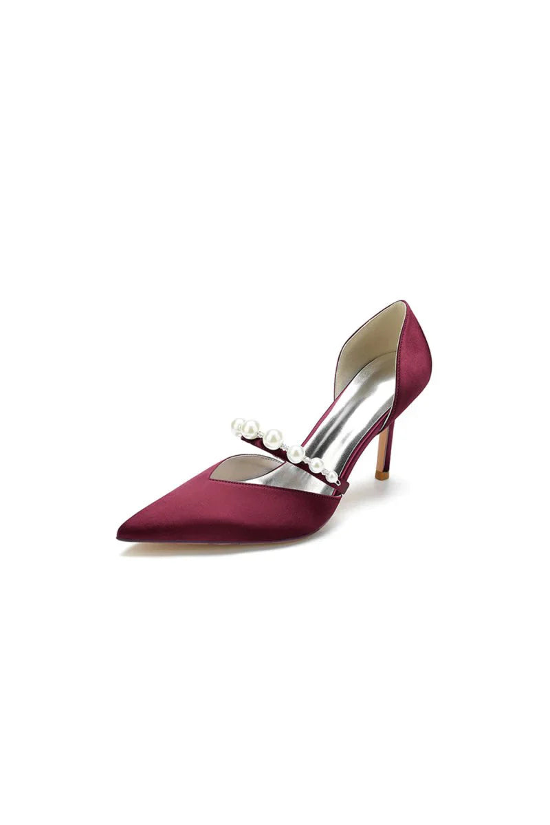 Party Pearl Strap Pointed Toe Satin High Heels