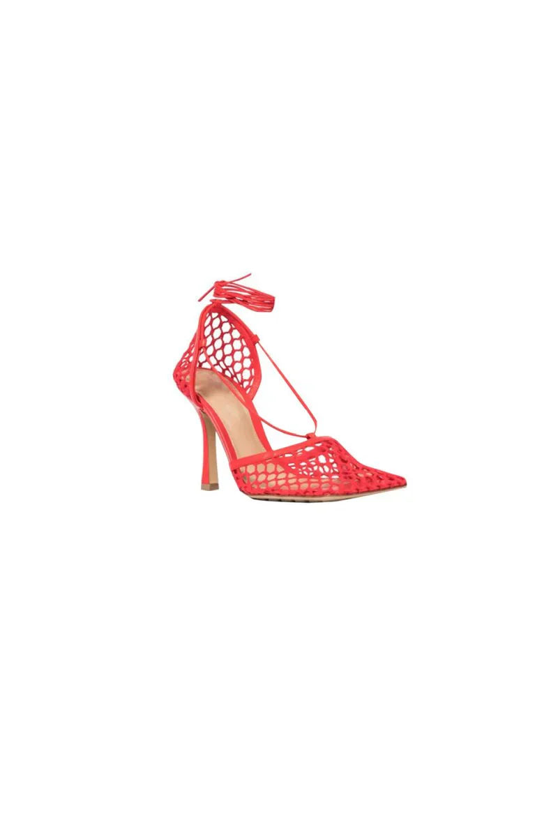 Yellow Stiletto Heel Lace Up Fishnet High Heel Sandals