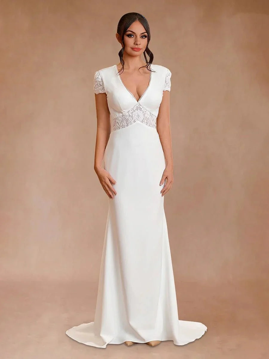Modest Simple Sheath Short Sleeve Empire Floor Length Sweep Train Chiffon V neck Wedding Dress
