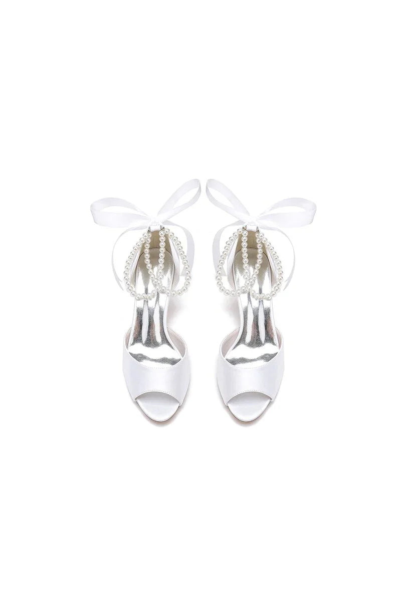 Chic White Satin Heels Featuring a Pearl Embellished Bow