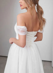 Sweet A Line Off The Shoulder Little White Tulle Wedding Dresses