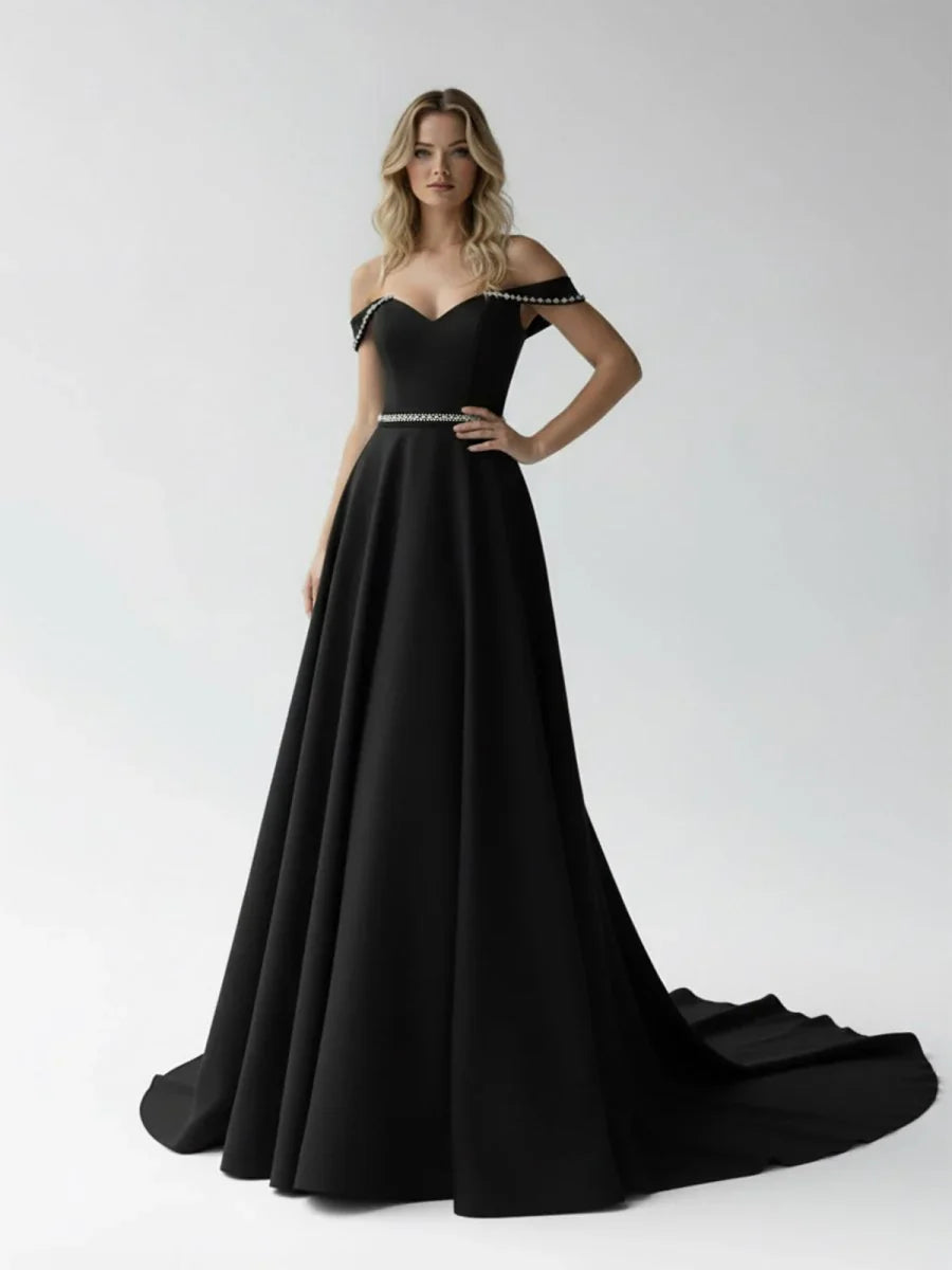 A Line Off the Shoulder Beaded Wedding Dress