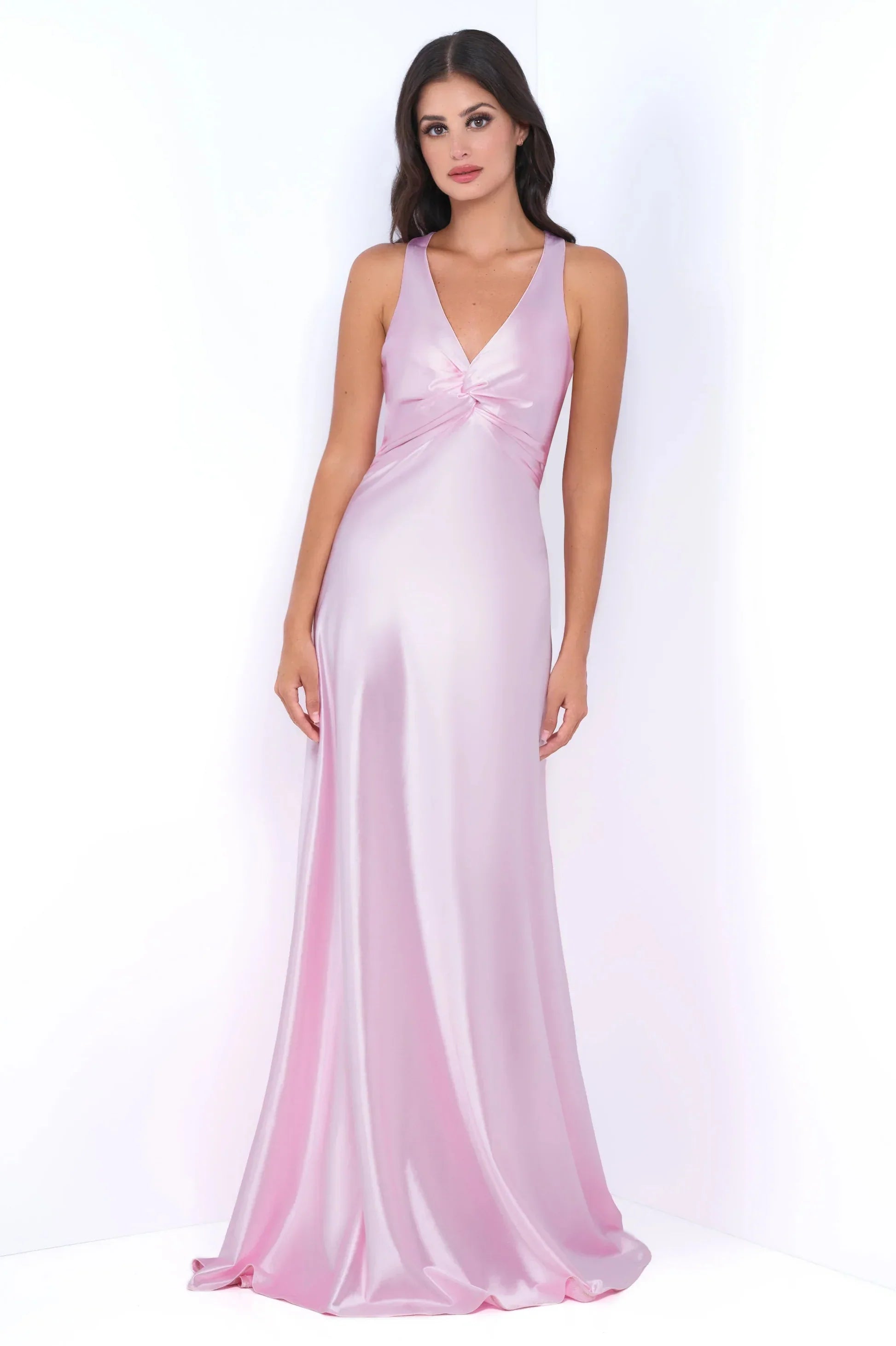 Odette Maxi Dress Pink Open Back With Adjustable Bow Tie Detail