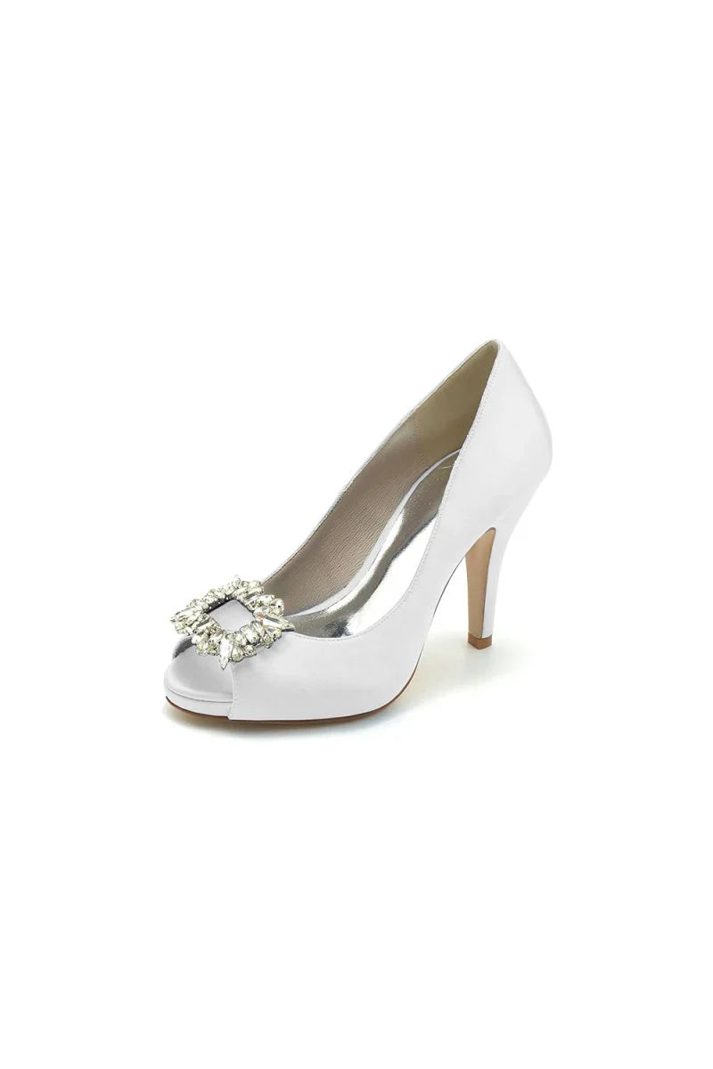 Peep Toe Slip on Stiletto Heels With Rhinestone