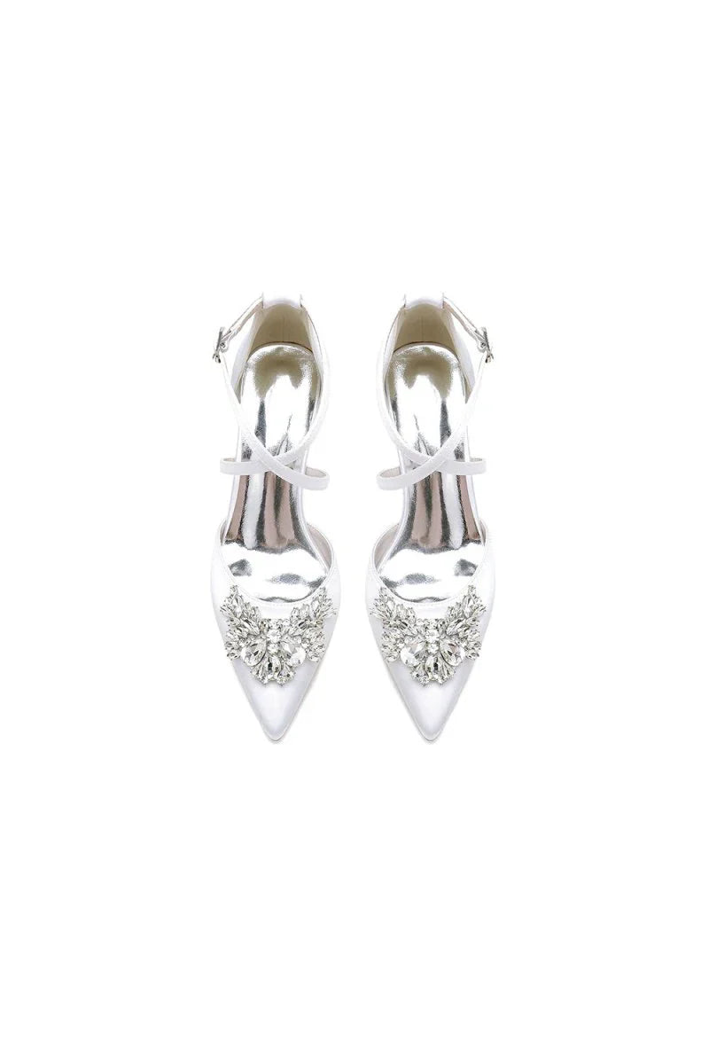 White Cross Strap Pump with Crystal Flower Accent