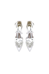 White Cross Strap Pump with Crystal Flower Accent