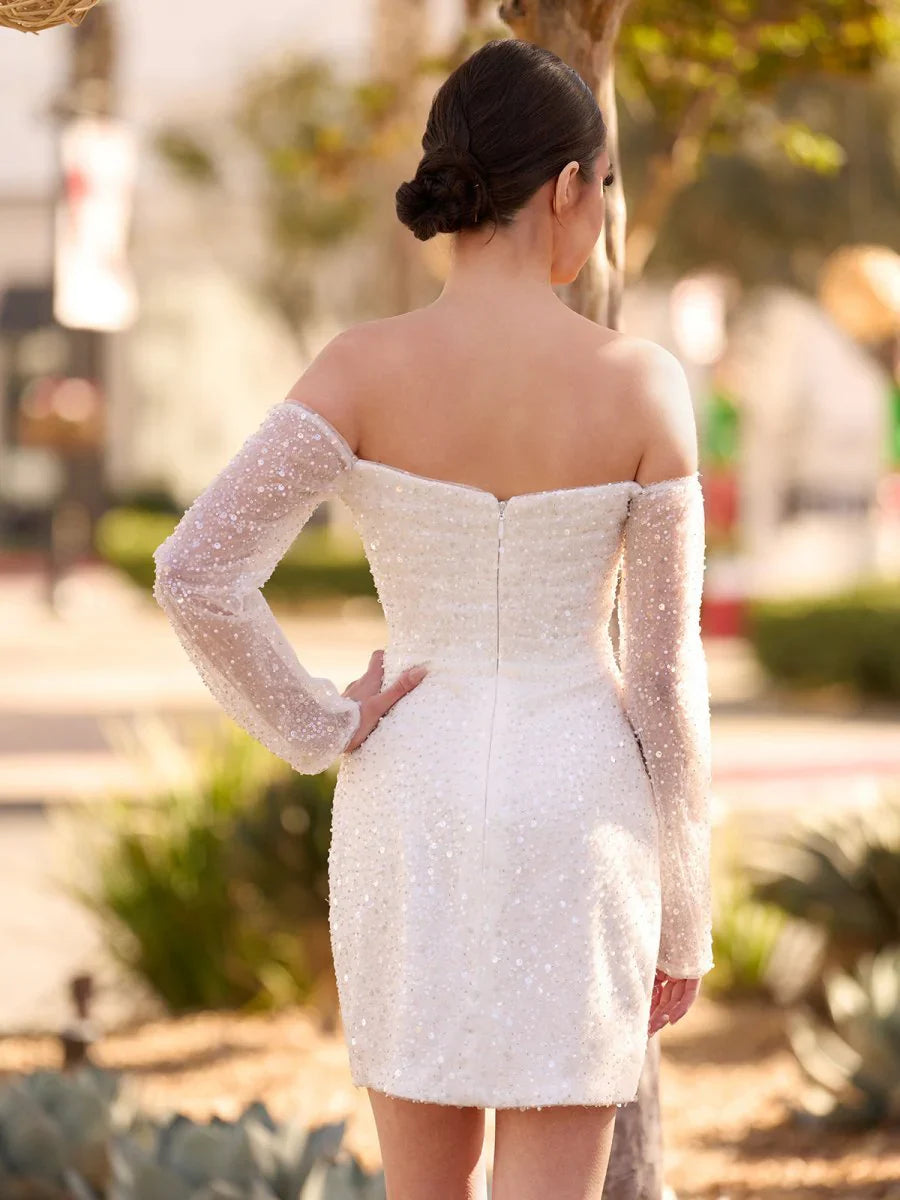 Chic Short Sequined Backless Wedding Dress With Long Detachable Sleeves