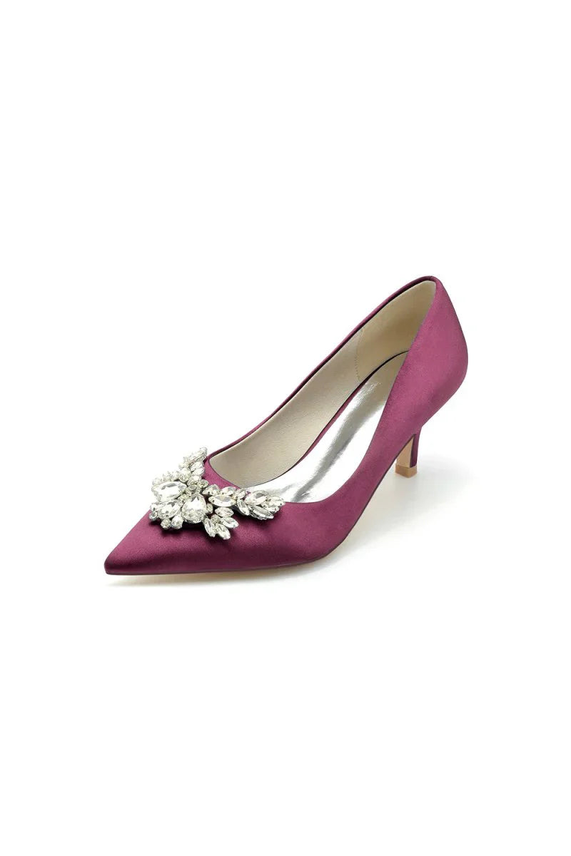 Rhinestone Pointed Toe Satin Kitten Heels