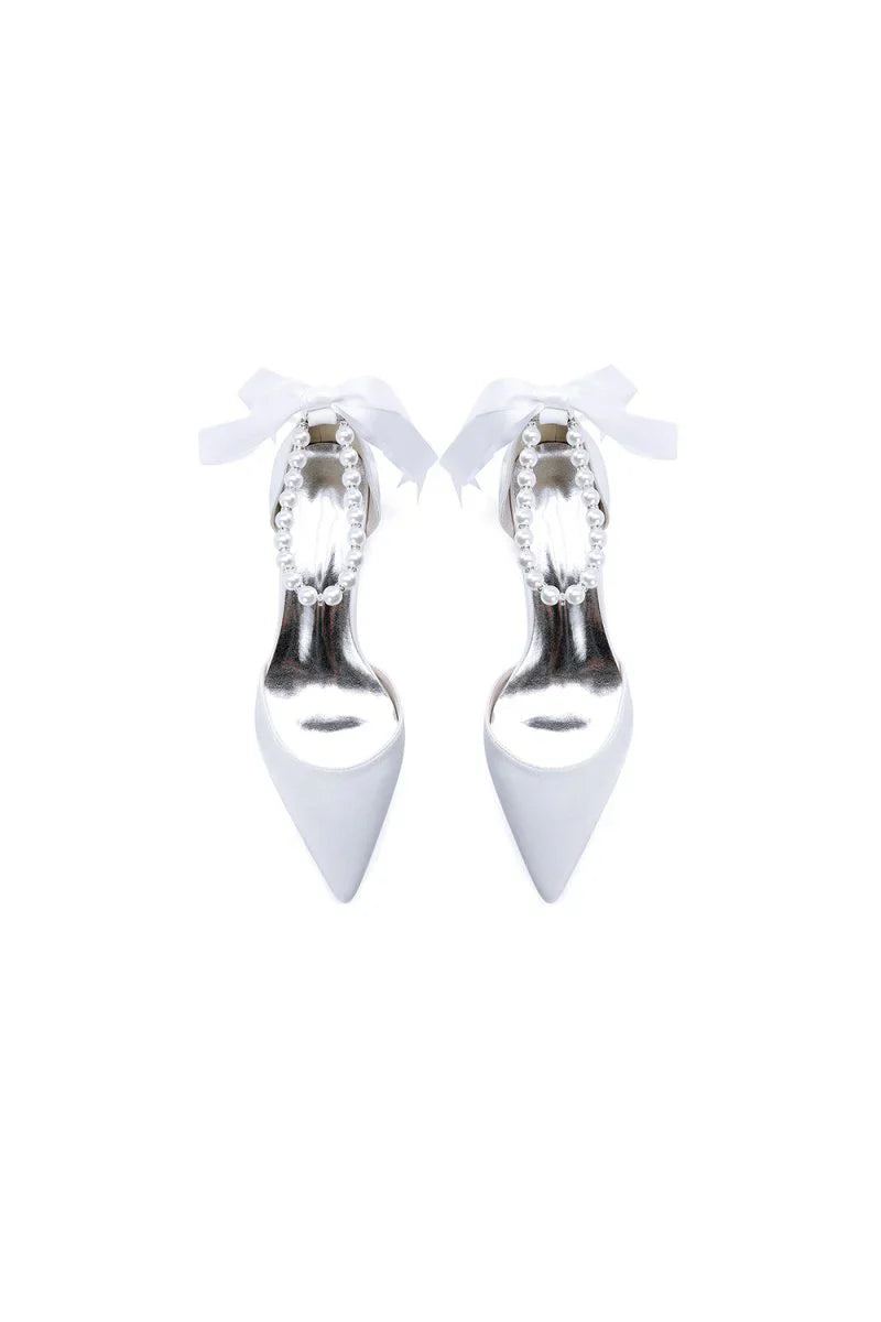 Pointed Toe Satin Pearl Ankle Strap Block Heels With Ribbon Tie